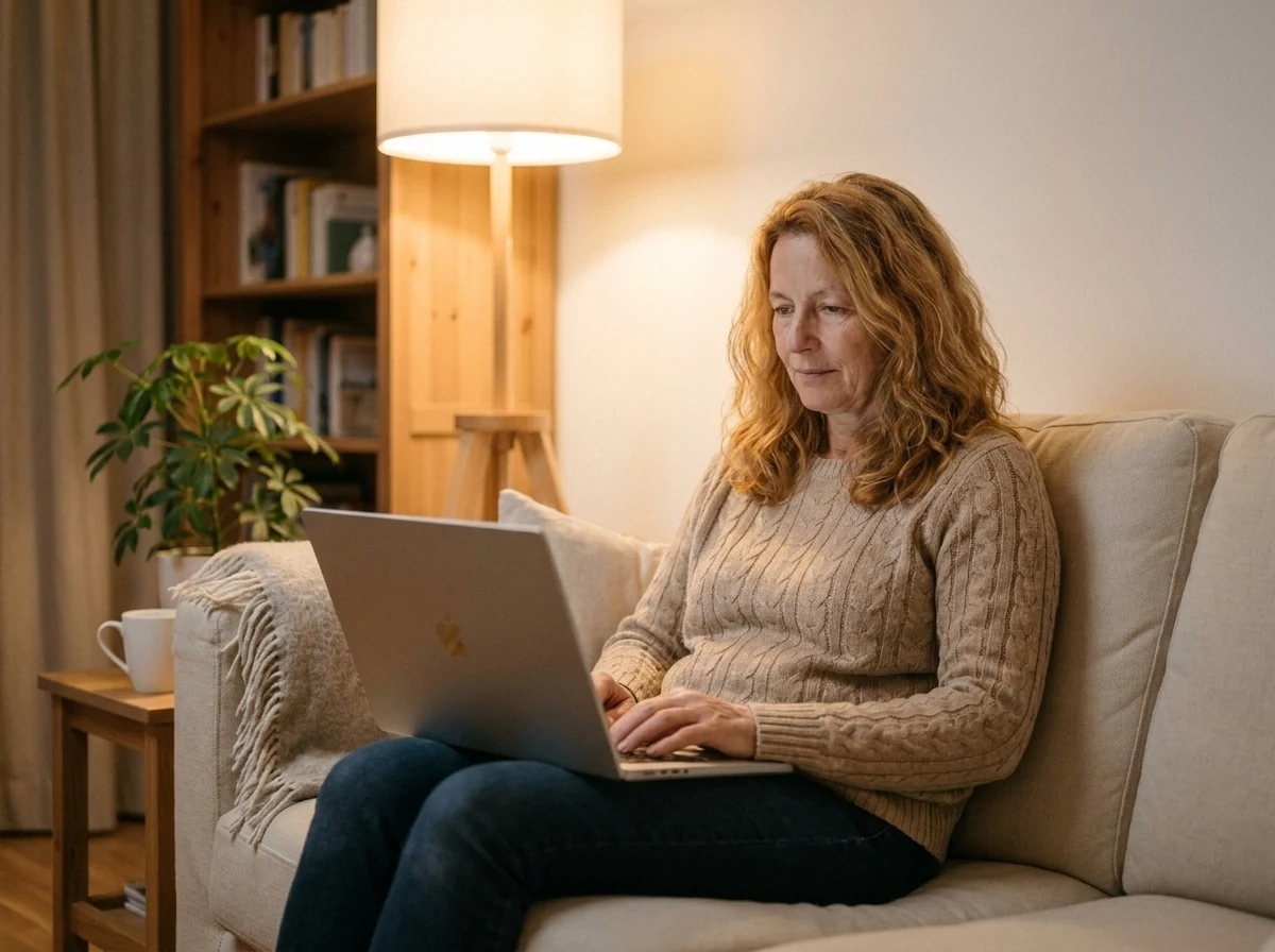 Frau Anfang 40 im Pullover sitzt am Abend mit Laptop und Tee auf dem Sofa, ruhige konzentrierte Anwendung der PDF-Methode.